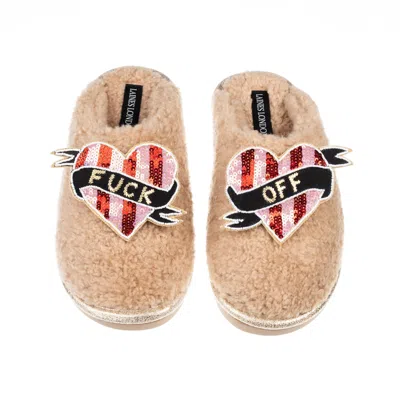Laines London Women's Brown / Gold / Neutrals Teddy Closed Toe Slippers With Pink & Red Stripe Fuck Off Brooches - In Multi