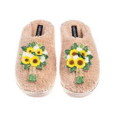 Laines London Women's Brown / Gold / Neutrals Teddy Closed Toe Slippers With Yellow Bouquet Brooches - Toffee In Multi