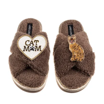 Laines London Women's Brown / Neutrals Boucle Slippers With Cat Mum/mom & Bengal Cat Brooches - Mink
