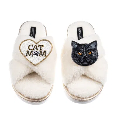 Laines London Women's Brown / Neutrals Boucle Slippers With Cat Mum/mom & Black British Shorthair Brooches - Cream