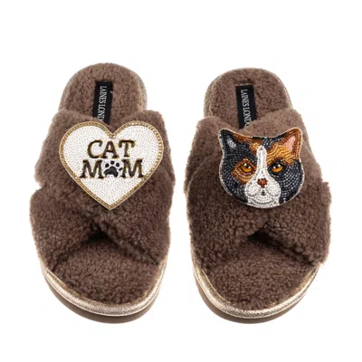 Laines London Women's Brown / Neutrals Boucle Slippers With Cat Mum/mom & Calico British Shorthair Cat Brooches - 