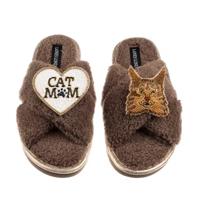 Laines London Women's Brown / Neutrals Boucle Slippers With Cat Mum/mom & Maine Coon Cat Brooches - Mink
