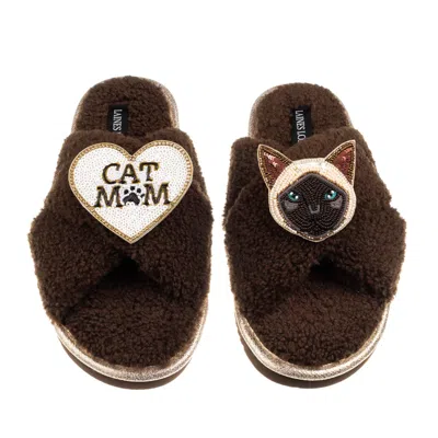 Laines London Women's Brown / Neutrals Boucle Slippers With Cat Mum/mom & Siamese Cat Brooches - Chocolate