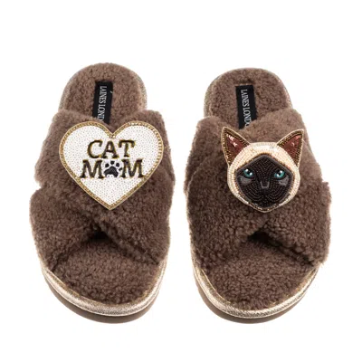 Laines London Women's Brown / Neutrals Boucle Slippers With Cat Mum/mom & Siamese Cat Brooches - Mink