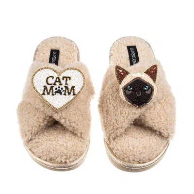 Laines London Women's Brown / Neutrals Boucle Slippers With Cat Mum/mom & Siamese Cat Brooches - Oatmeal