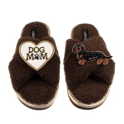 Laines London Women's Brown / Neutrals Boucle Slippers With Dog Mum/mom & Black & Tan Dachshund Brooches - Chocola