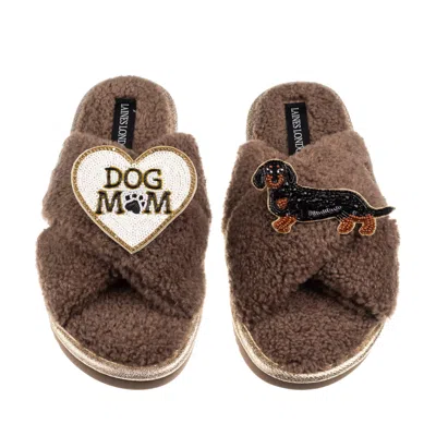 Laines London Women's Brown / Neutrals Boucle Slippers With Dog Mum/mom & Black & Tan Dachshund Brooches - Mink