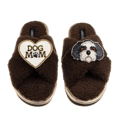 Laines London Women's Brown / Neutrals Boucle Slippers With Dog Mum/mom & Black & White Shih Tzu Brooches - Chocol