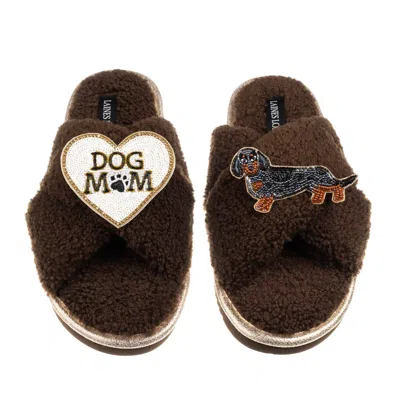 Laines London Women's Brown / Neutrals Boucle Slippers With Dog Mum/mom & Dapple Dachshund Brooches - Chocolate