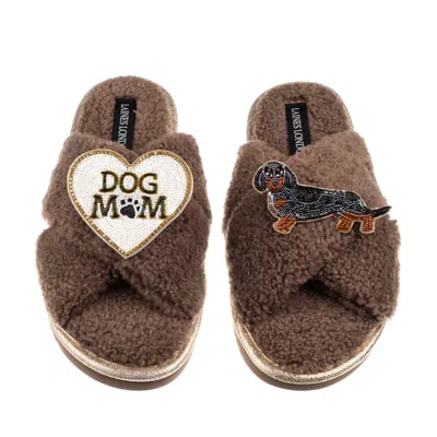 Laines London Women's Brown / Neutrals Boucle Slippers With Dog Mum/mom & Dapple Dachshund Brooches - Mink