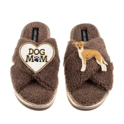 Laines London Women's Brown / Neutrals Boucle Slippers With Dog Mum/mom & Fawn & White Italian Greyhound Brooches  In Multi