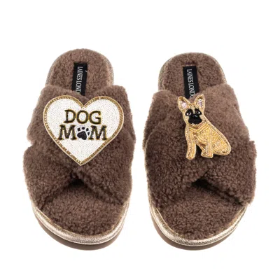 Laines London Women's Brown / Neutrals Boucle Slippers With Dog Mum/mom & Fawn Sitting French Bulldog Brooches - M