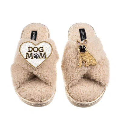 Laines London Women's Brown / Neutrals Boucle Slippers With Dog Mum/mom & Fawn Sitting French Bulldog Brooches - O