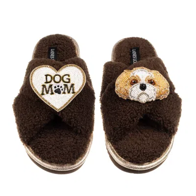 Laines London Women's Brown / Neutrals Boucle Slippers With Dog Mum/mom & Gold & White Shih Tzu Brooches - Chocola