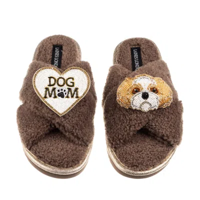 Laines London Women's Brown / Neutrals Boucle Slippers With Dog Mum/mom & Gold & White Shih Tzu Brooches - Mink