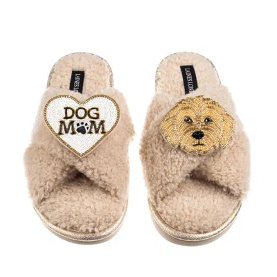 Laines London Women's Brown / Neutrals Boucle Slippers With Dog Mum/mom & Golden Cockapoo Brooches - Oatmeal