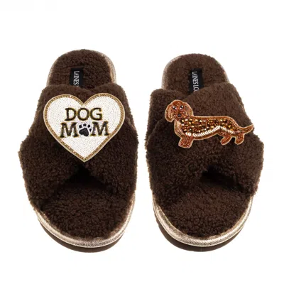 Laines London Women's Brown / Neutrals Boucle Slippers With Dog Mum/mom & Red Dachshund Brooches - Chocolate
