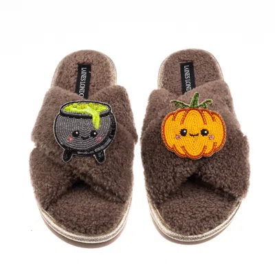 Laines London Women's Brown / Neutrals Boucle Slippers With Limited Edition Laines Loveables Pumpkin & Cauldron Ha