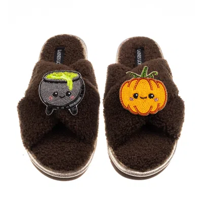 Laines London Women's Brown / Neutrals Boucle Slippers With Limited Edition Laines Loveables Pumpkin & Cauldron Ha