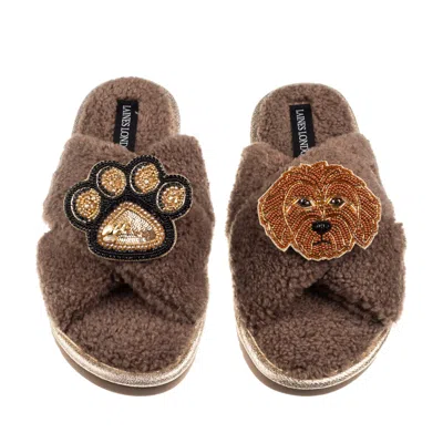 Laines London Women's Brown / Neutrals Boucle Slippers With Paw & Apricot Cockapoo Brooches - Mink