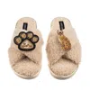 Laines London Women's Brown / Neutrals Boucle Slippers With Paw & Bengal Cat Brooches - Oatmeal In Multi