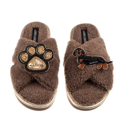 Laines London Women's Brown / Neutrals Boucle Slippers With Paw & Black & Tan Dachshund Brooches - Mink