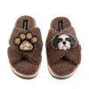 Laines London Women's Brown / Neutrals Boucle Slippers With Paw & Black & White Shih Tzu Brooches - Mink In Brown