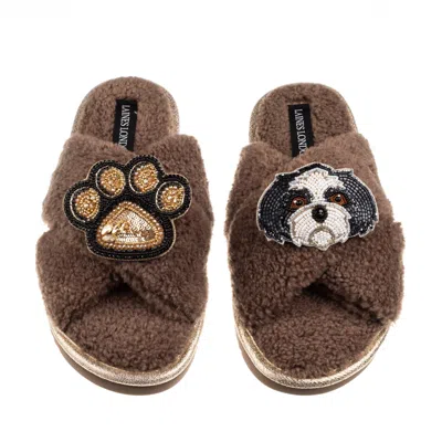 Laines London Women's Brown / Neutrals Boucle Slippers With Paw & Black & White Shih Tzu Brooches - Mink