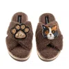Laines London Women's Brown / Neutrals Boucle Slippers With Paw & Calico British Shorthair Cat Brooches - Mink In Brown