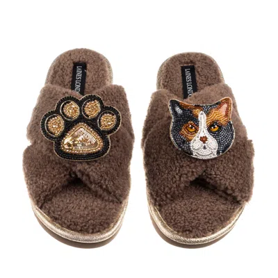 Laines London Women's Brown / Neutrals Boucle Slippers With Paw & Calico British Shorthair Cat Brooches - Mink