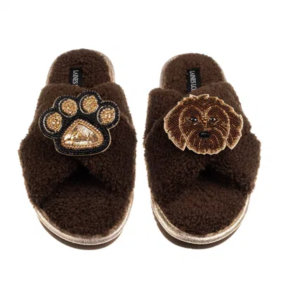 Laines London Women's Brown / Neutrals Boucle Slippers With Paw & Chocolate Cockapoo Brooches - Chocolate
