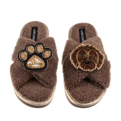 Laines London Women's Brown / Neutrals Boucle Slippers With Paw & Chocolate Cockapoo Brooches - Mink