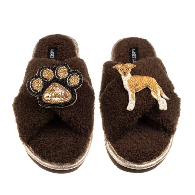 Laines London Women's Brown / Neutrals Boucle Slippers With Paw & Fawn & White Italian Greyhound Brooches - Chocol