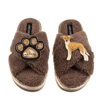 Laines London Women's Brown / Neutrals Boucle Slippers With Paw & Fawn & White Italian Greyhound Brooches - Mink In Multi
