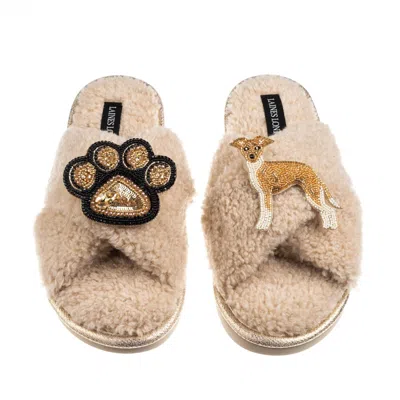 Laines London Women's Brown / Neutrals Boucle Slippers With Paw & Fawn & White Italian Greyhound Brooches - Oatmea In Multi