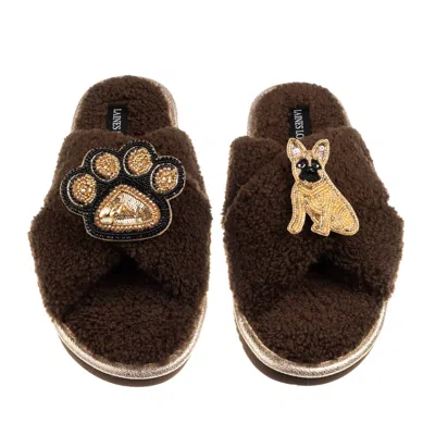Laines London Women's Brown / Neutrals Boucle Slippers With Paw & Fawn Sitting French Bulldog Brooches - Chocolate