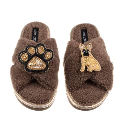 Laines London Women's Brown / Neutrals Boucle Slippers With Paw & Fawn Sitting French Bulldog Brooches - Mink