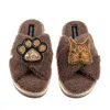 Laines London Women's Brown / Neutrals Boucle Slippers With Paw & Ginger Maine Coon Cat Brooches - Chocolate In Blue