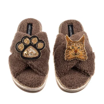 Laines London Women's Brown / Neutrals Boucle Slippers With Paw & Ginger Maine Coon Cat Brooches - Mink In Blue