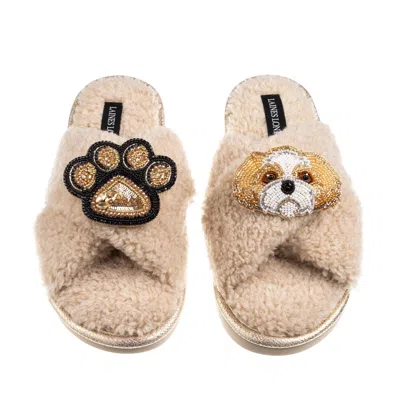 Laines London Women's Brown / Neutrals Boucle Slippers With Paw & Gold & White Shih Tzu Brooches - Oatmeal