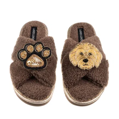 Laines London Women's Brown / Neutrals Boucle Slippers With Paw & Golden Cockapoo Brooches - Mink