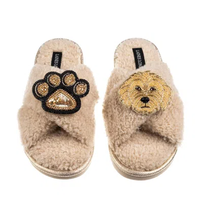 Laines London Women's Brown / Neutrals Boucle Slippers With Paw & Golden Cockapoo Brooches - Oatmeal