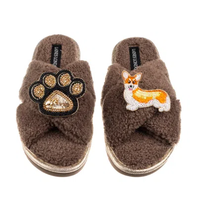 Laines London Women's Brown / Neutrals Boucle Slippers With Paw & Peach The Corgi Brooches - Mink