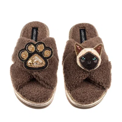 Laines London Women's Brown / Neutrals Boucle Slippers With Paw & Siamese Cat Brooches - Mink