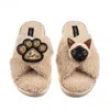 Laines London Women's Brown / Neutrals Boucle Slippers With Paw & Siamese Cat Brooches - Oatmeal In Brown