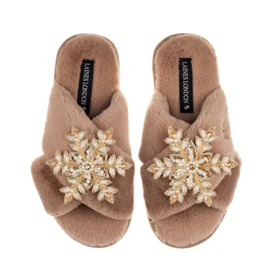 Laines London Women's Brown / Neutrals Classic Laines Christmas Collection Slippers With Double Cream & Gold Snowf
