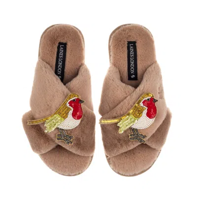 Laines London Women's Brown / Neutrals Classic Laines Christmas Collection Slippers With Double Robin Brooches - T