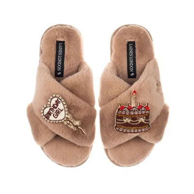 Laines London Women's Brown / Neutrals Classic Laines Slippers With Birthday Girl Balloon & Chocolate Cake Brooche