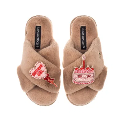 Laines London Women's Brown / Neutrals Classic Laines Slippers With Birthday Girl Brooches - Toffee