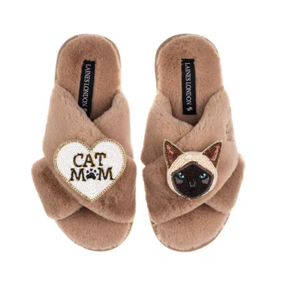 Laines London Women's Brown / Neutrals Classic Laines Slippers With Cat Mum / Mom & Siamese Cat Brooches - Toffee